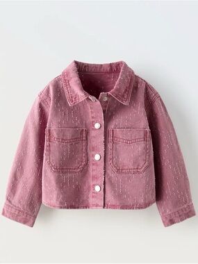 Zara Pink-Mauve Cropped Denim Jacket with White Flecks
